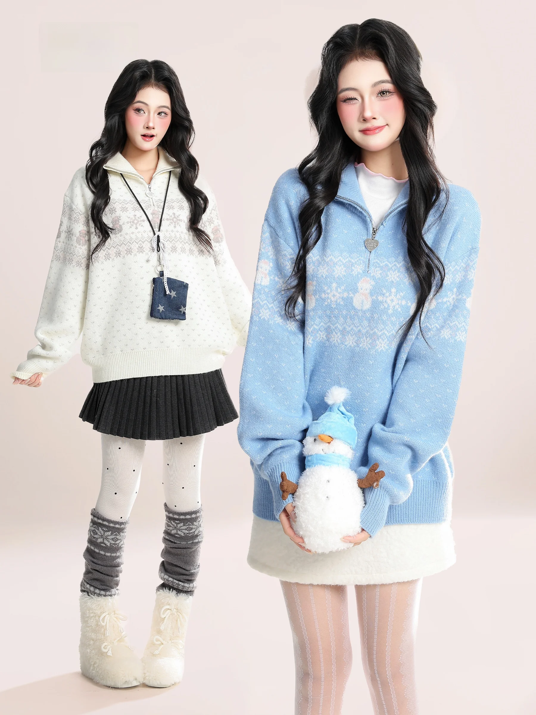 

Korean Sle Fair Isle Snowman Embroidered f Zipper Stand Collar Sweater Women's Winter Cisas Warm Knittedwear