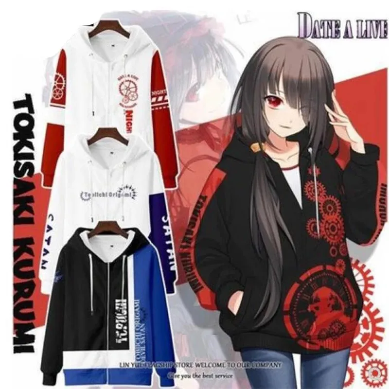 2023 Anime Datum ein lebendes Mädchen Tokisaki Kurumi Albtraum Frauen Männer Reiß verschluss Sweatshirts y2k Harajuku Jungen Mädchen Kinder Jacken Hoodies