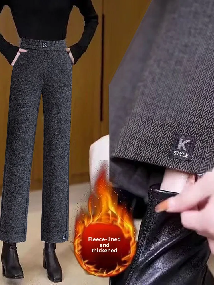 

Женские зимние широкие брюки на подкладке с высокой талией, прямой крой, корейские модные брюки для мамы среднего возраста, осень-зима, длинные...