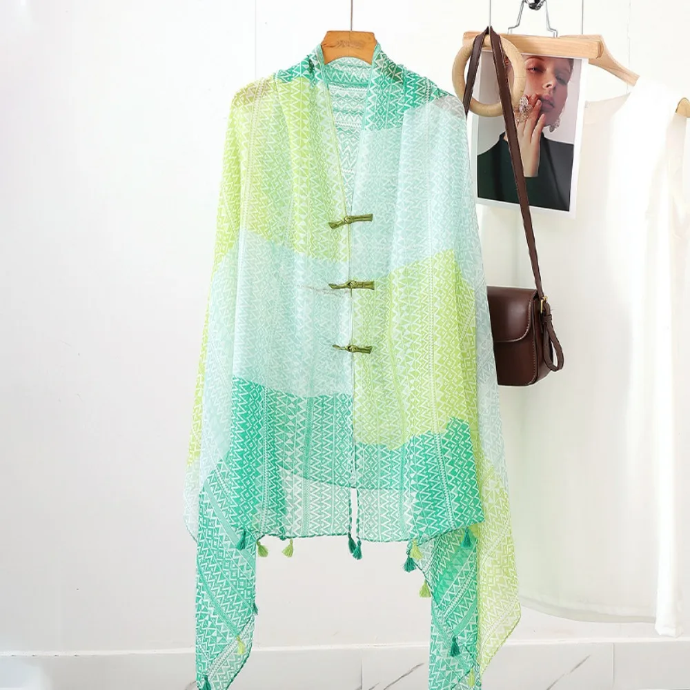 

Fashion Knot Button Sunscreen Scarf Shawl Tassels Flower Cardigan Cape Soft Large National Style Cloak Beachside