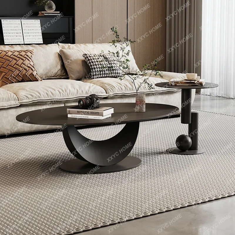 

Minimalist light luxury rock slab coffee table small apartment household living room, oval coffee table combination