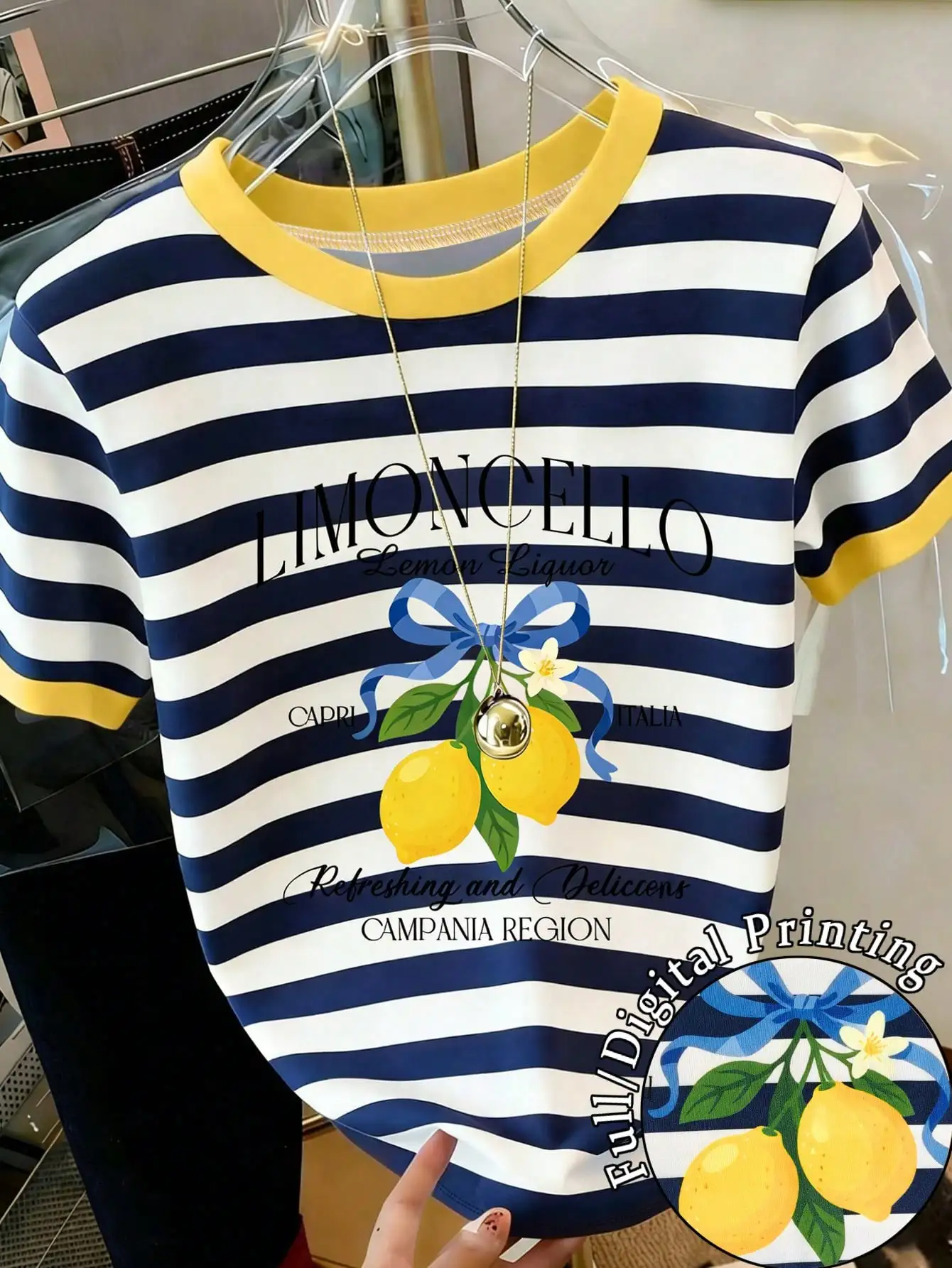 2026 Sommer Damen Crop-Top mit nautischem Streifenmuster, gelbem Kontrastkragen, Zitronenschleifen-Grafik, O-Ausschnitt, Kurzarm-T-Shirt für den Urlaub – Detail 3
