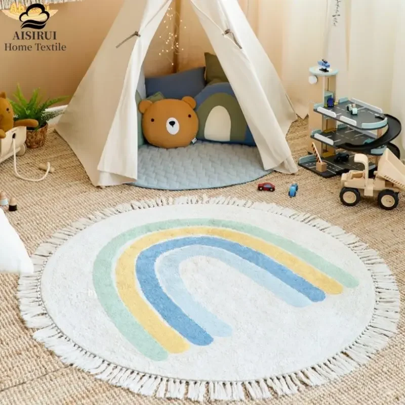 

Rainbow Fluffy Carpet For Living Room With Tassels White Plush Rug For Kids Bedroom Soft Nursery Play Mat For Children Babi