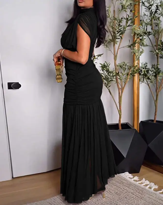 

2026 new elegant and sexy solid color stand up collar sleeveless transparent mesh patchwork dress