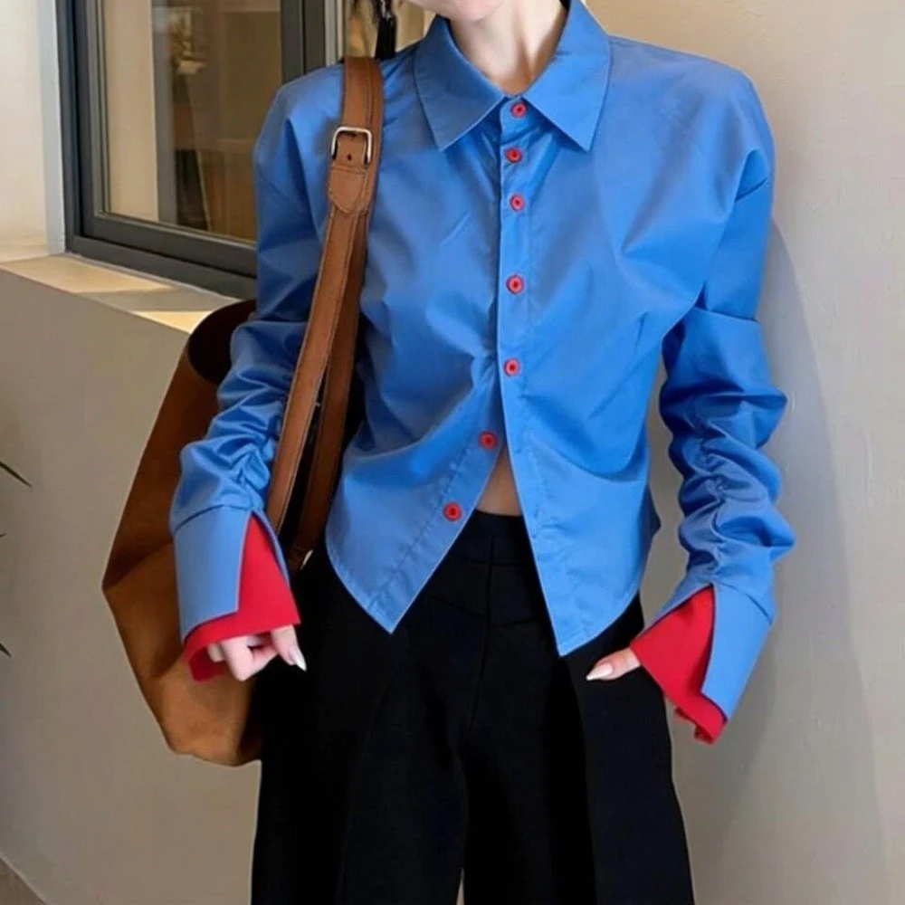 Commuter style blue contrasting color shirt women's 2026 spring new long-sleeved waist thin and versatile design top trend