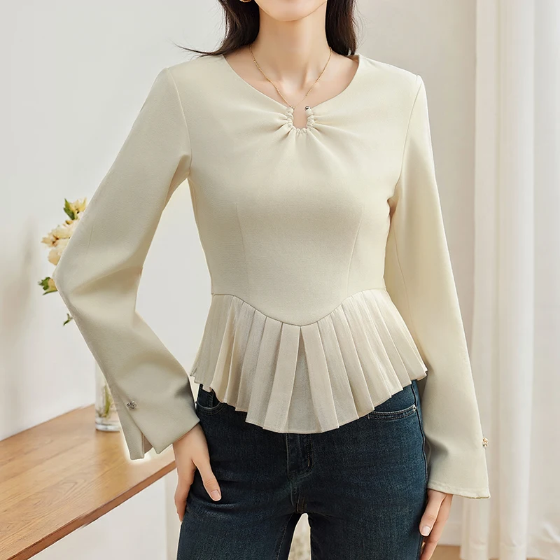 

Ruffles Shirts Women Long Sleeve Slim Blouse Elegant Office Ladies Tops Korean Fashion Cropped Tops Vintage Solid Color Outfits