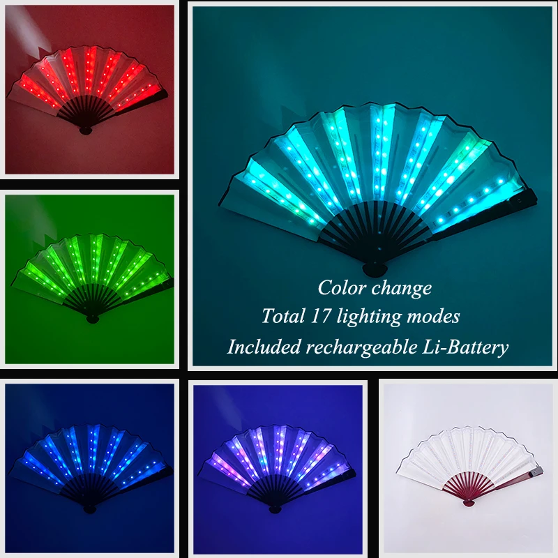 Hot Rechargeable LED Fan Colorful LED Folding Fan   Dancing Lights Night Show DJ Fluorescent Bar Night Club Glow Party Supplies