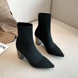 Candy Color Sock Boots Women Pointed Toe High Heels Leopard Stretch Fabric Bottes Femme Brethable Stripe Knitting Ankle Boots