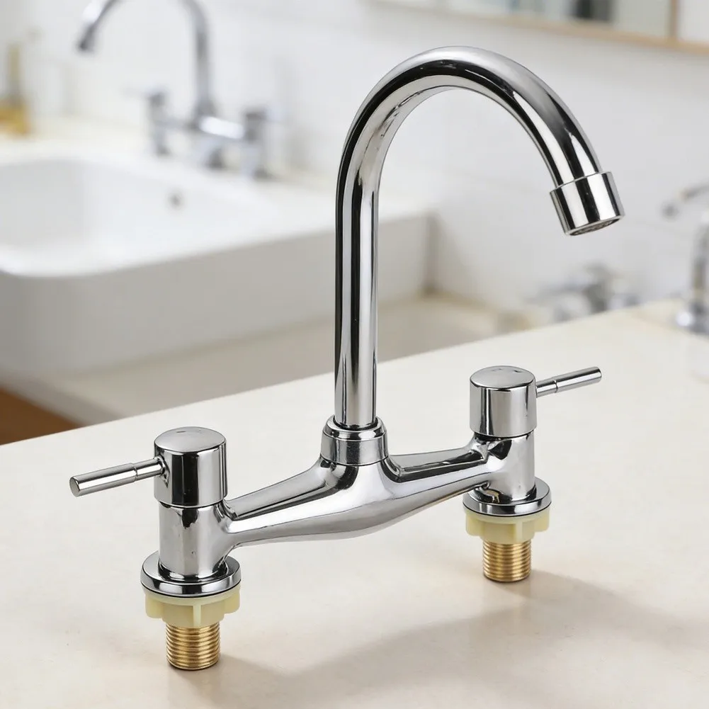 Kitchen Sink Mixer Tap Dual Hole Configuration with Rotating 360 Degree Spout and Independent For Hot Cold Levers