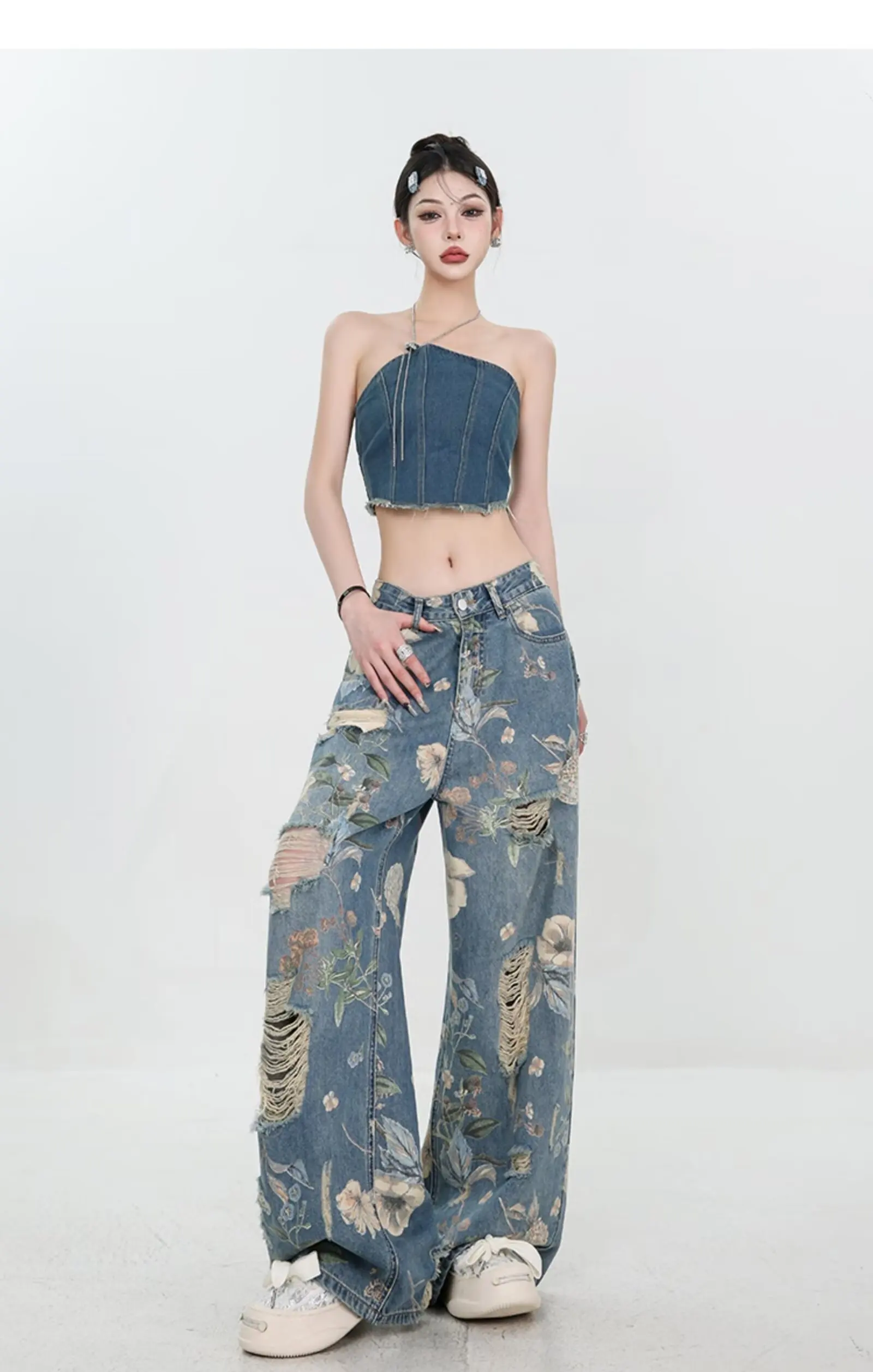 Jeans a gamba larga con fiori strappati da donna vintage estate nuovo stile vita alta elegante aderente Y2K stile Harajuku alla moda