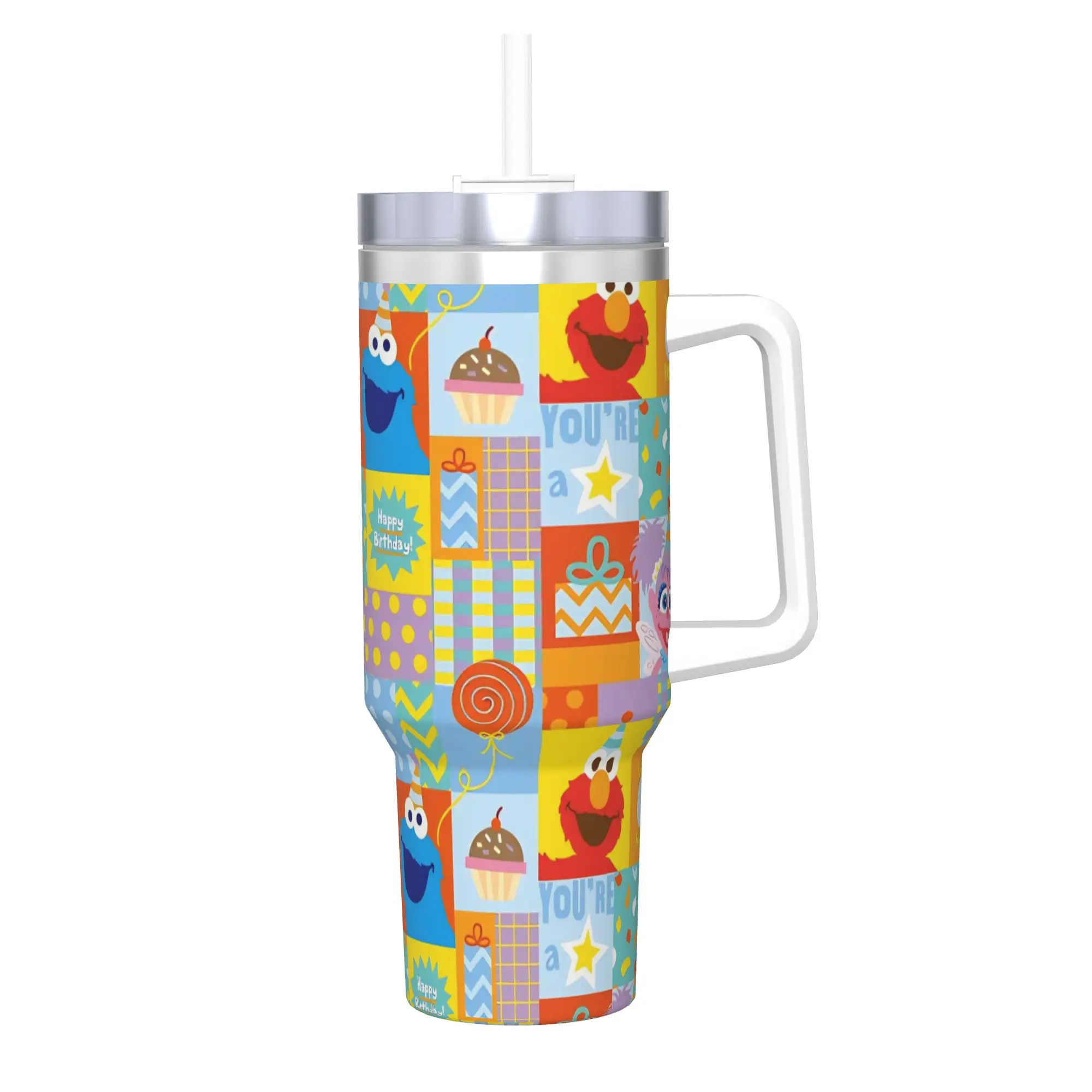 Vaso Térmico de Acero Inoxidable de Doble Pared con Aislamiento al Vacío de 40 oz con Pajita, Diseño de Monstruos de las Galletas