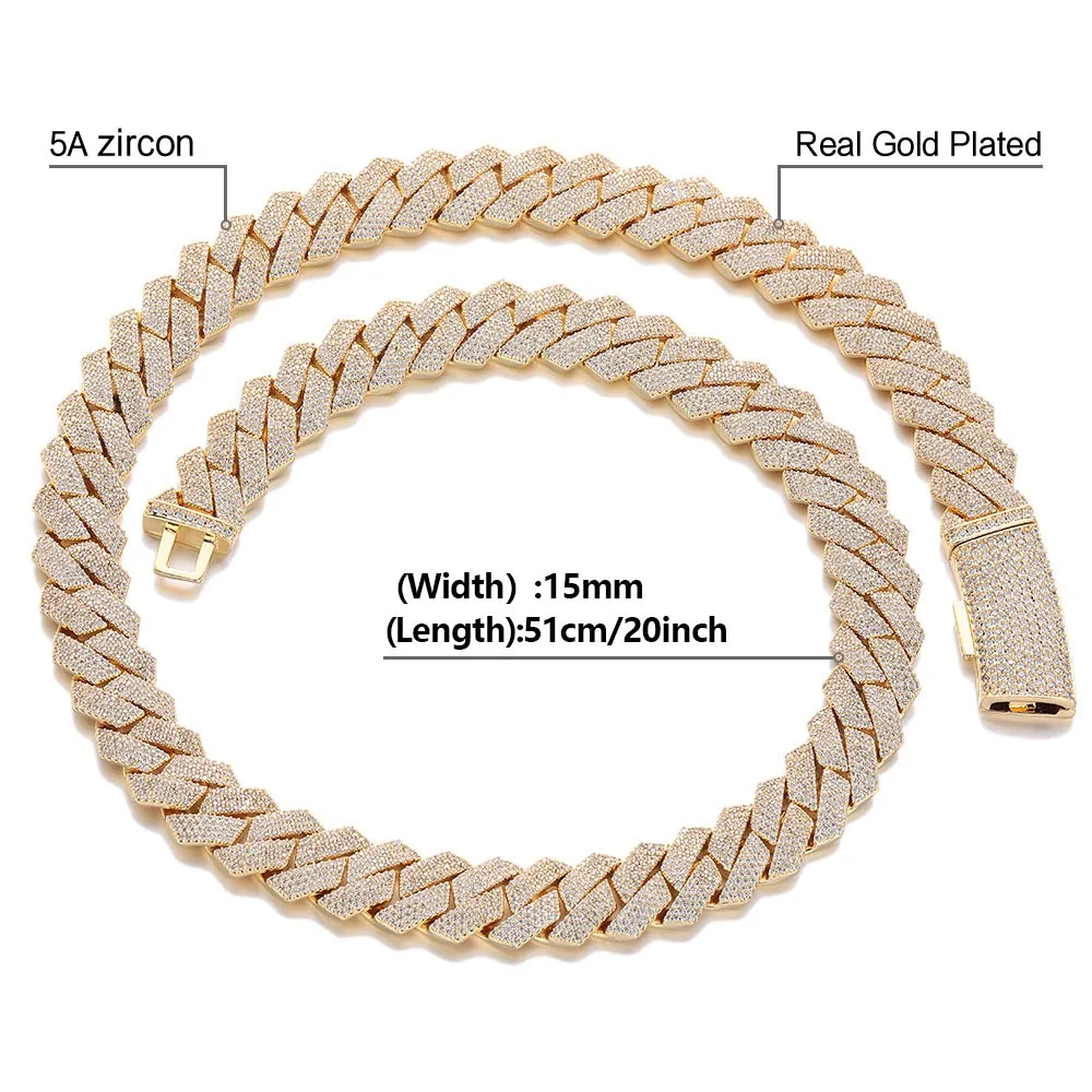 15mm Iced Out Square Miami Cuban Link Chain Necklace 4 Row Zirconia Rhombus Hiphop Fine Jewelry Gifts for Men Girls Boy Friends