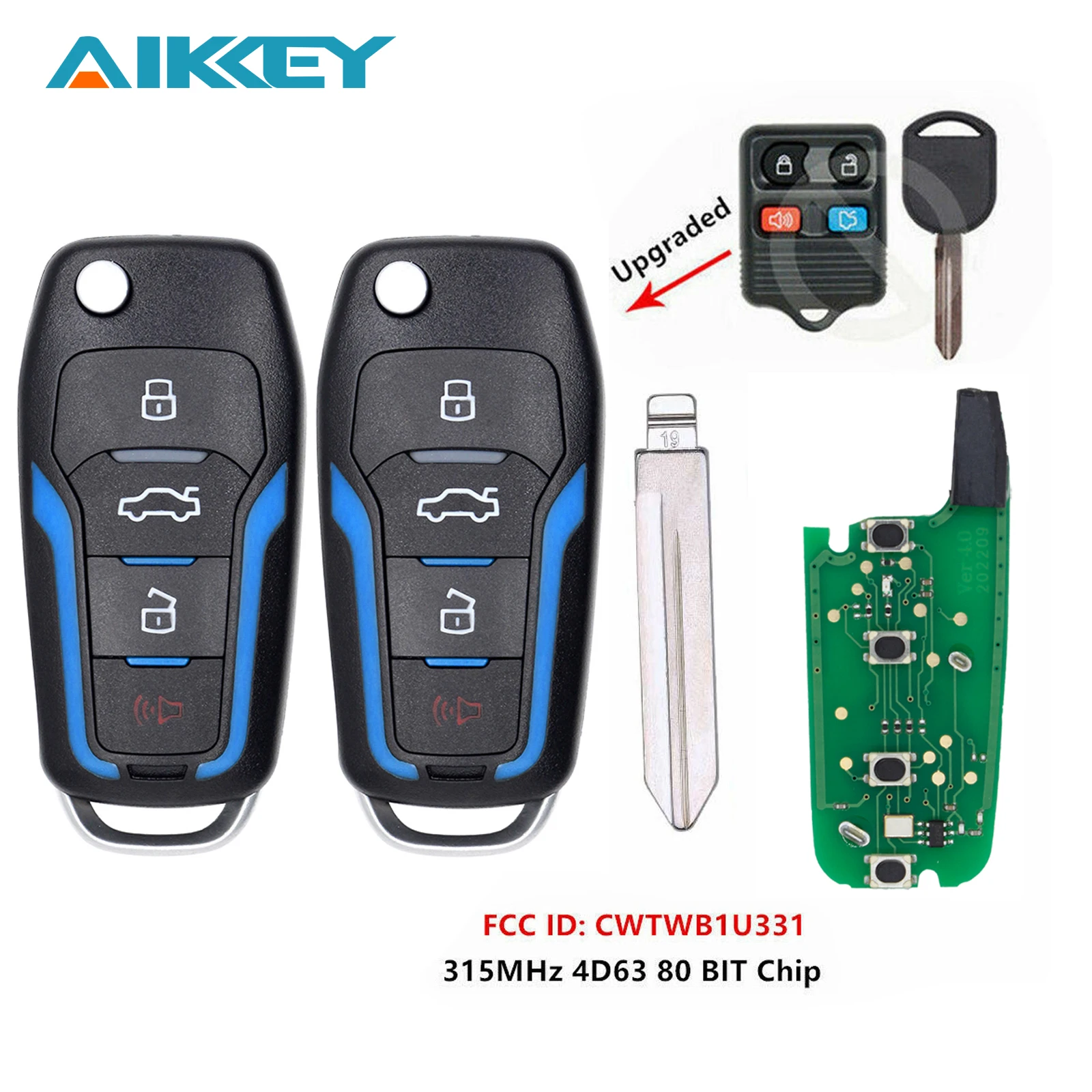 

2pcs CWTWB1U331 Blue for Ford 315/433MHZ ASK 4 Buttons Car Remote Key Fob Modified Key with Chip 4D63/80bit Car Control Key