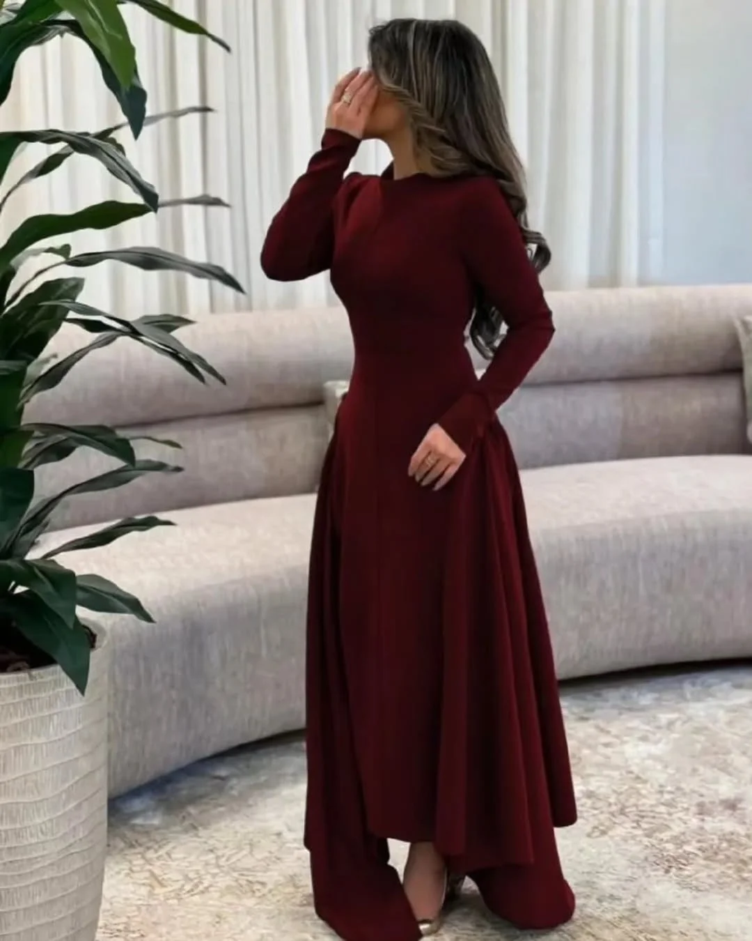 MD eleganti abiti da sera a trapezio bordeaux pieghe arabo saudita manica lunga abito da ballo alla caviglia abito da festa personalizzato 2025