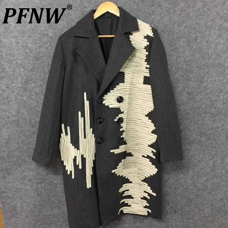 

PFNW Autumn New Men's Cotton Rope Decoration Contrast Color Fashion Wool Trench Coat Double Breasted Windbreaker 2024 21Z1043