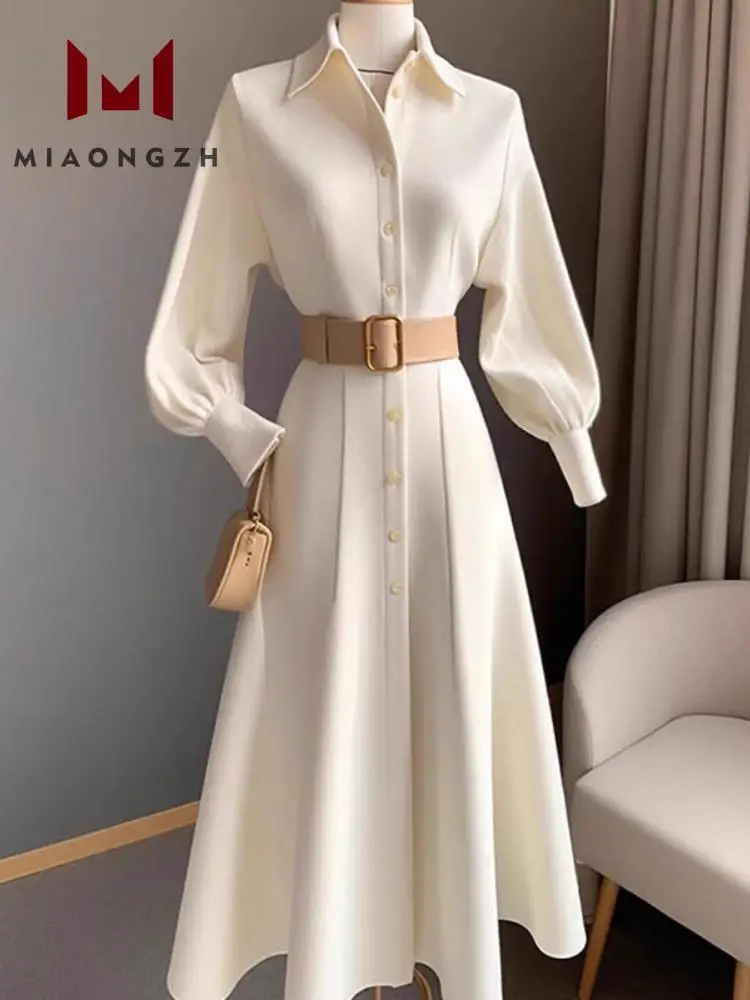 White Luxury Formal Dresses Women\'s Turn Down Collar Long Sleeve Single Breasted Slimming 2024 Summer New Party Shirt Dress Chic