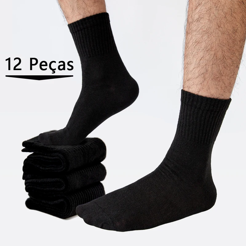 12 Paired Black Cotton Men's Socks, Medium Socks, Moisty-Absorbing, Casual and Daily Sports Socks