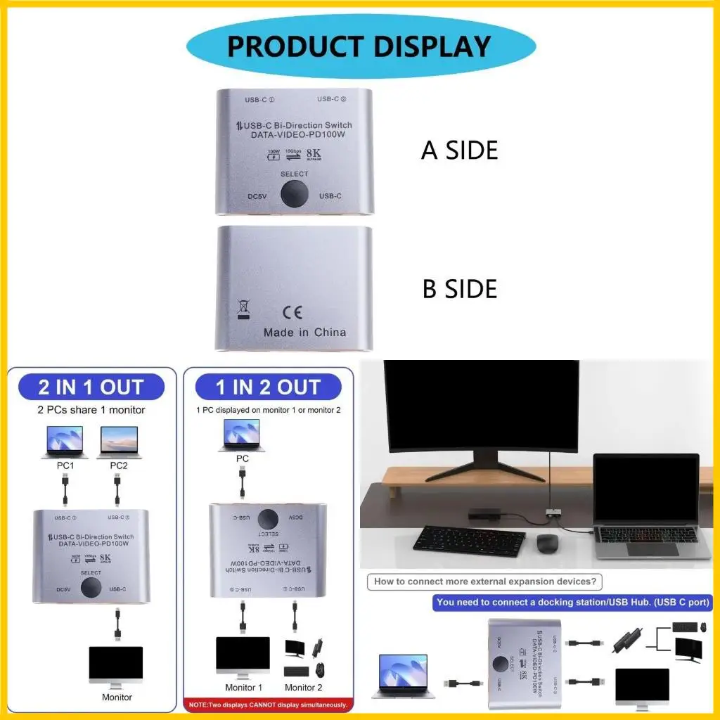  8K USB C Switcher Splitter for 2Computer BiDirectional Type C KVM Switcher Support 100W Charging 10Gbps Data Transfer