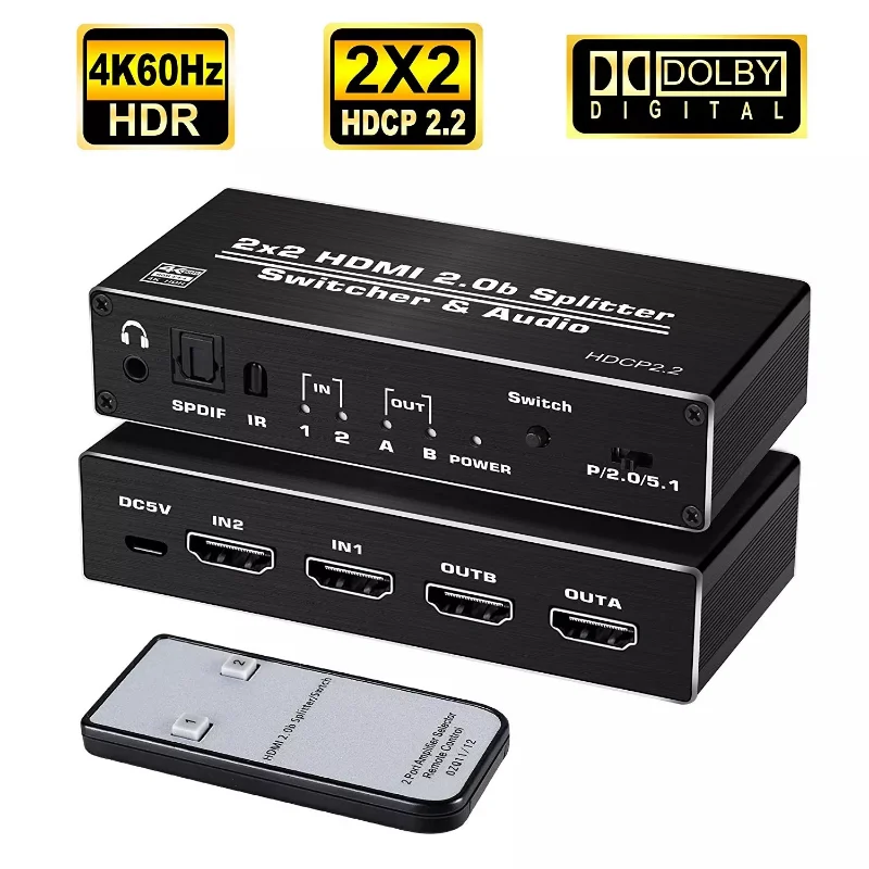 

4K HDMI2.0 Switch Switcher Splitter 2 In 2 Out 4K60hz with Scalar Optical Toslink SPDIF 3.5mm Audio Extractor HDR HDCP 2.2 EDID