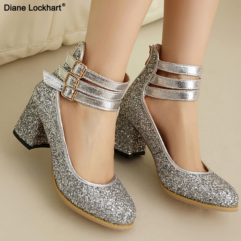 

Women's Platform High Heels 6cm Gold Glitter Splicing Sexy Ankle Strap Thick Heels Pumps Sparkly Nightclub Evening Party Shoes