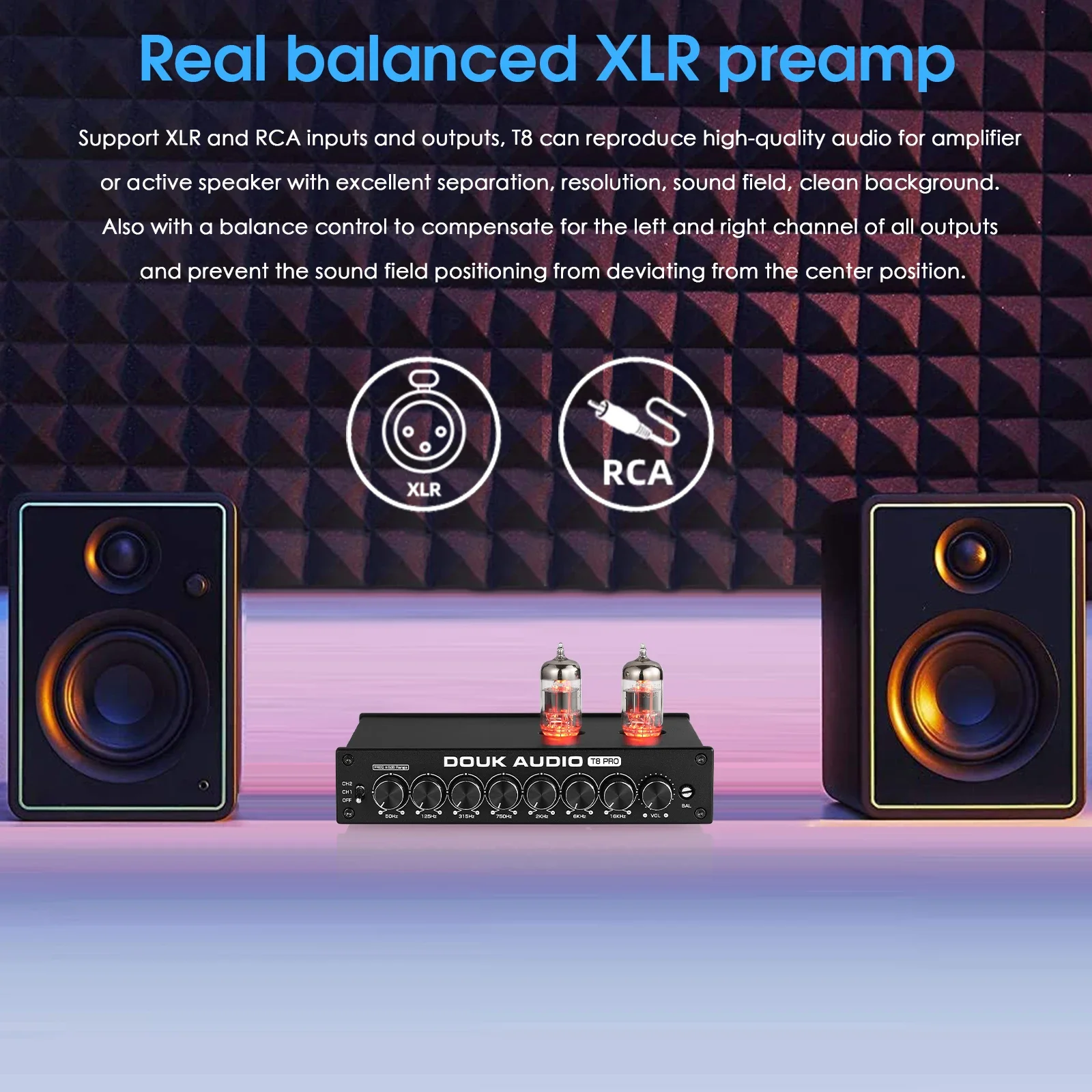 Douk Audio T8PRO HiFi Valve Tube Stereo Balanced XLR/RCA Preamp 7-band EQ Equalizer Home for Home Speaker with Tone Control