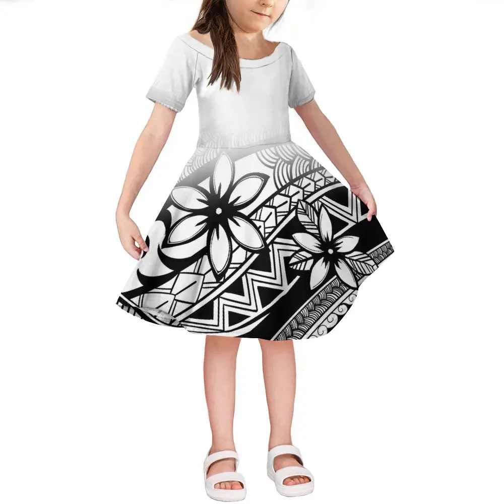 

Polynesian Girls Dress Samoa Tribal Ethnic Floral Print Custom Art Girls Knee-Length Skirt Summer Crew-Neck Short Sleeve Quality