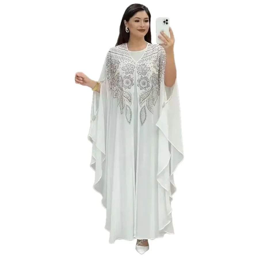 

Customized New African Dashiki Women's Fashion Abaya Stylish Chiffon Fabrics Hot Drilling Loose Long Dress Free Size + Insidecus
