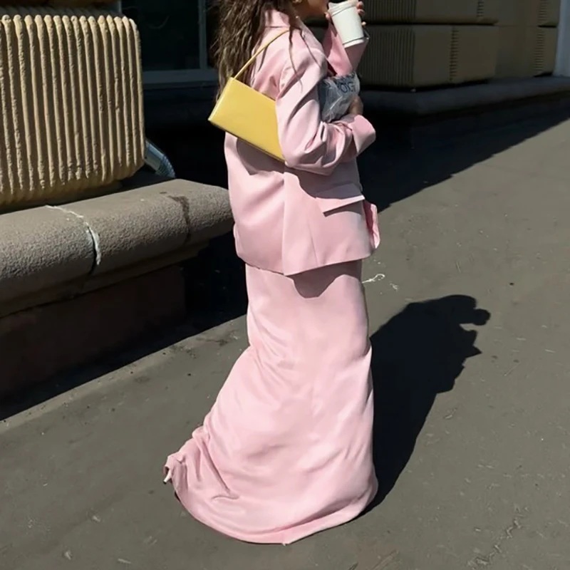 

2026 Pink Loose Spring Two Piece Set Office Lapel Button Blazer Coat Outfit Casual Street Elastic Waist Long Skirt Women's Suit