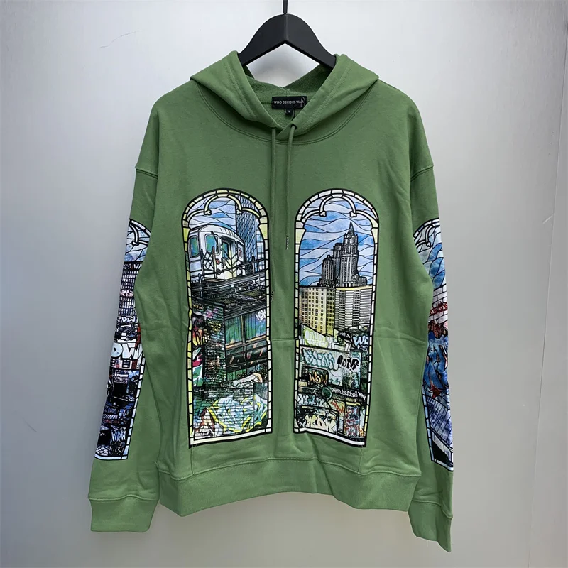 

Hip Hop Oversized Emerald Green Black Hoodie Patterned Print WHO DECIDES WAR Fall Winter Loose Vintage Best Sweatshirt Pullover