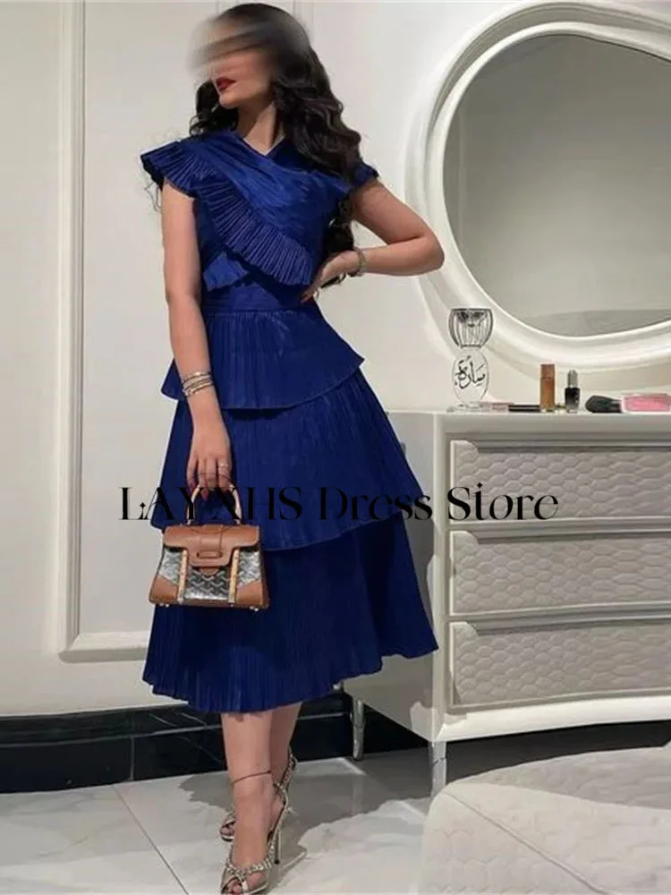 LAYXHS Abiti da sera vintage blu navy A-Line con volant a strati senza maniche Abito da ballo lungo fino al tè Personalizzato فساتtessori