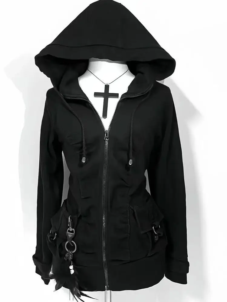 Black Fashion New Trend Women Casual Hoodie Retro Gothic Sweatshirts Hip Hop Punk Style Multifunctional High Street Cardigan