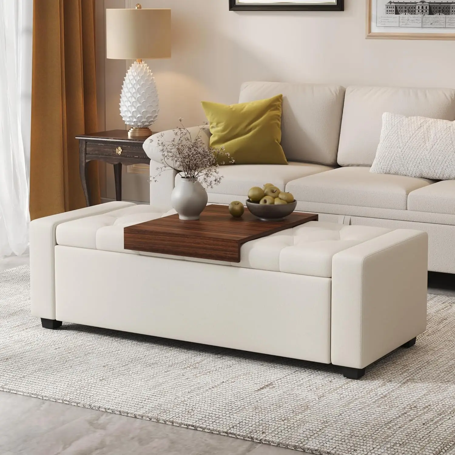 

Storage Ottoman Bench with Tray,47" Ottoman with Storage for Living Room, Rectangular Bench with Cushion and Safety, Customized