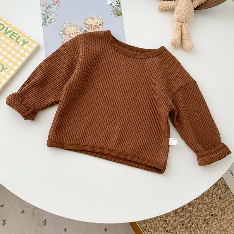 Korean Style Spring Autumn Toddler Baby Boys Girl T-shirt Waffle Cotton Solid Color Long Sleeve T-shirt Infant Baby Pullover Top