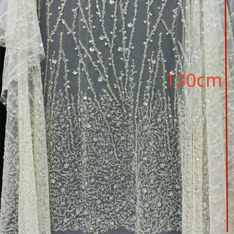 

New White Beaded Embroidered Women's Dress Performance Evening Dress Mesh Sequin Embroidered Lace Fabric