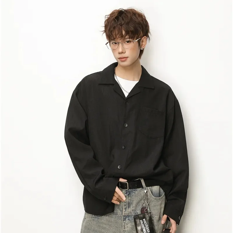 2026 New Spring Retro Old Money Style Cuban Collar Long Sleeve Shirt Men Textured Wrinkle Linen Feel Casual Loose Draping Shirt