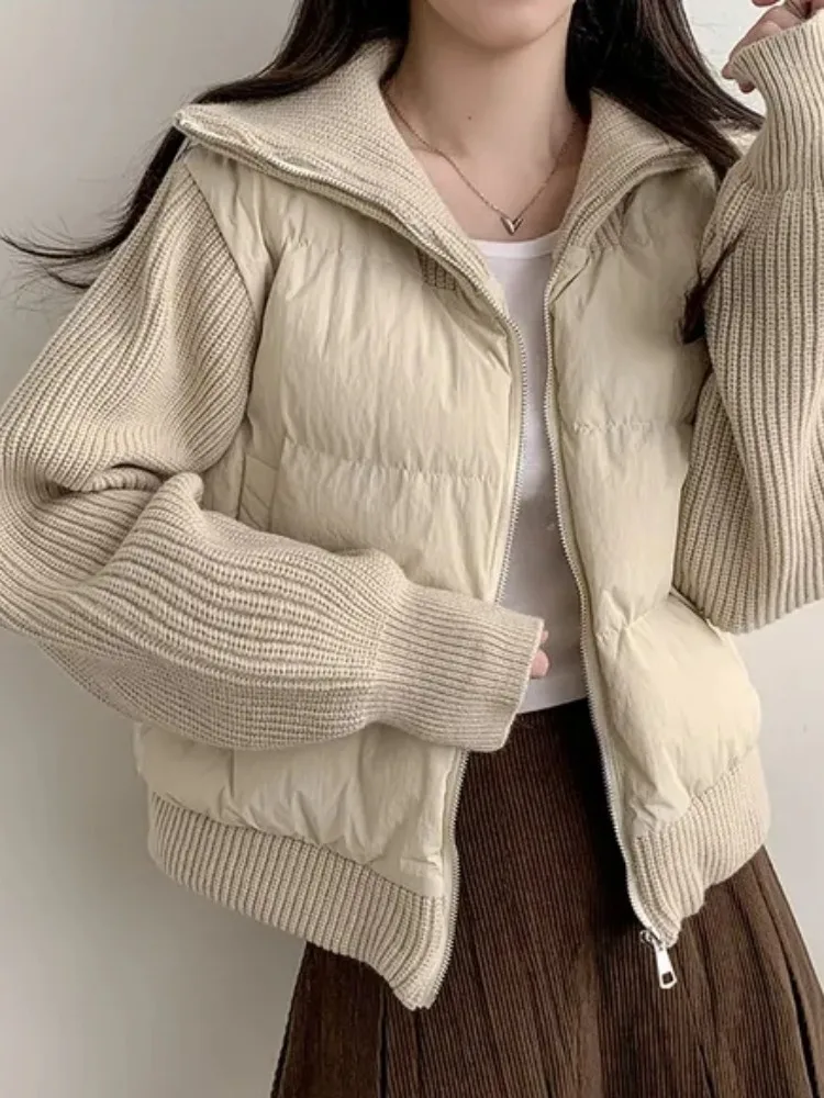 

Шикарное осенне-зимнее вязаное пальто на молнии с высоким воротником на молнии, женское утягивающее универсальное хлопковое пальто-джато