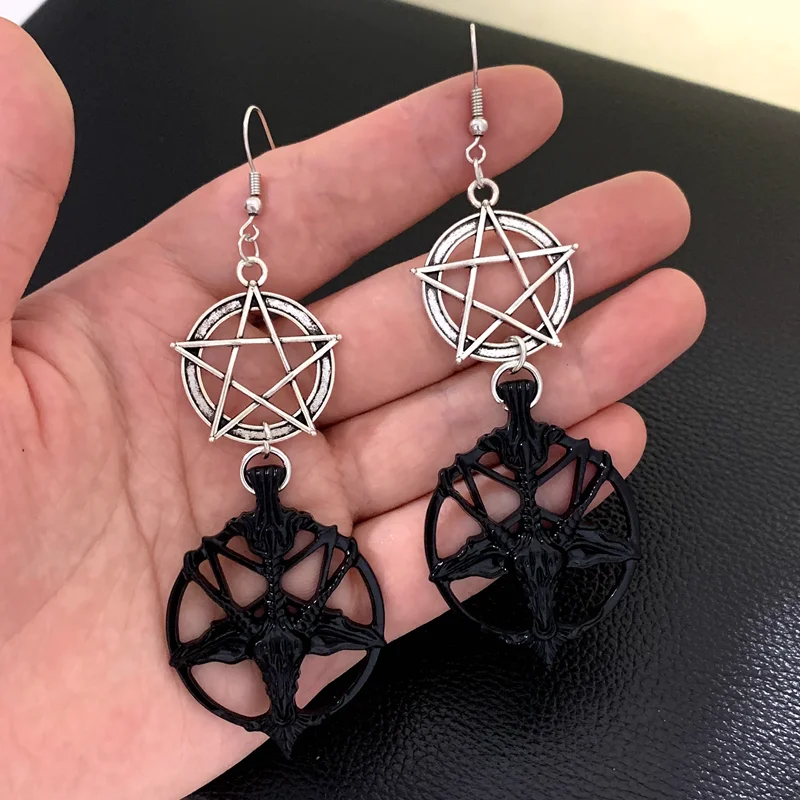 Gothic New Fashion Glamour Retro Women's Pentagram Pan God Skull Goat Head Pendant Earrings Gothic Witch Jewelry