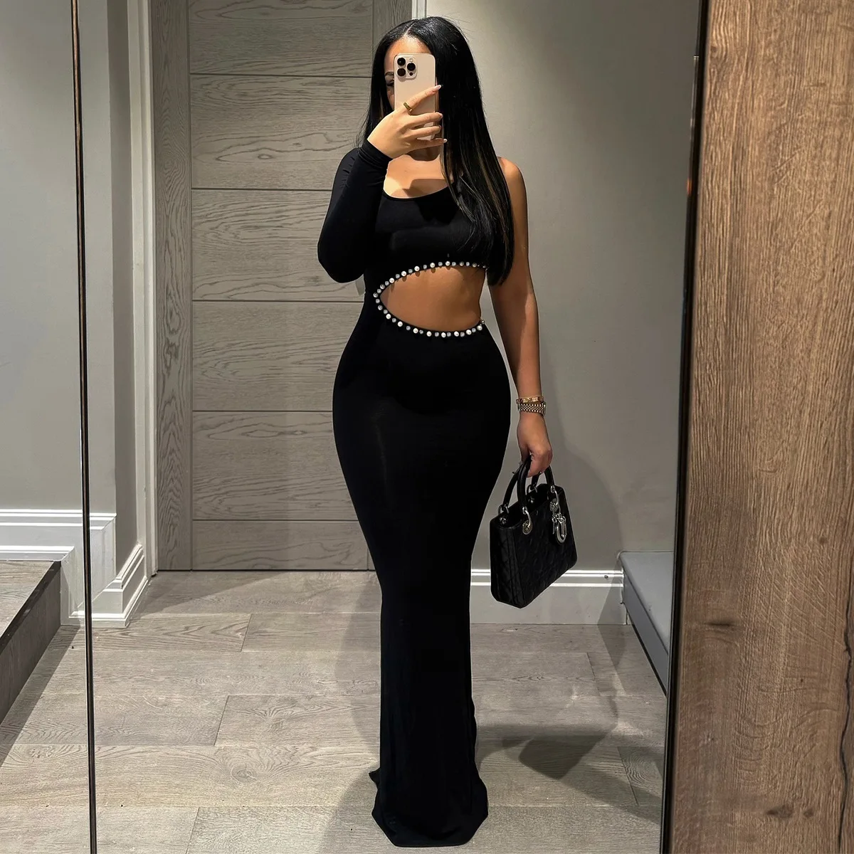 

Elegant Rhinestone Hollow Maxi Birthday Dress Woman Sexy O-Neck Single Sleeve Skinny Vestidos 2025 Evening Party Clubwear