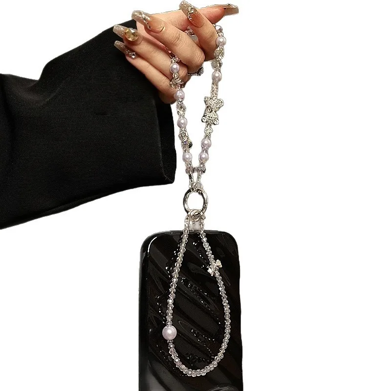 Luxury and Sophisticated Beaded Crystal Phone Charm, Stylish Rhinestone Cartoon Bear Phone Lanyard, Short Handbag Chain.