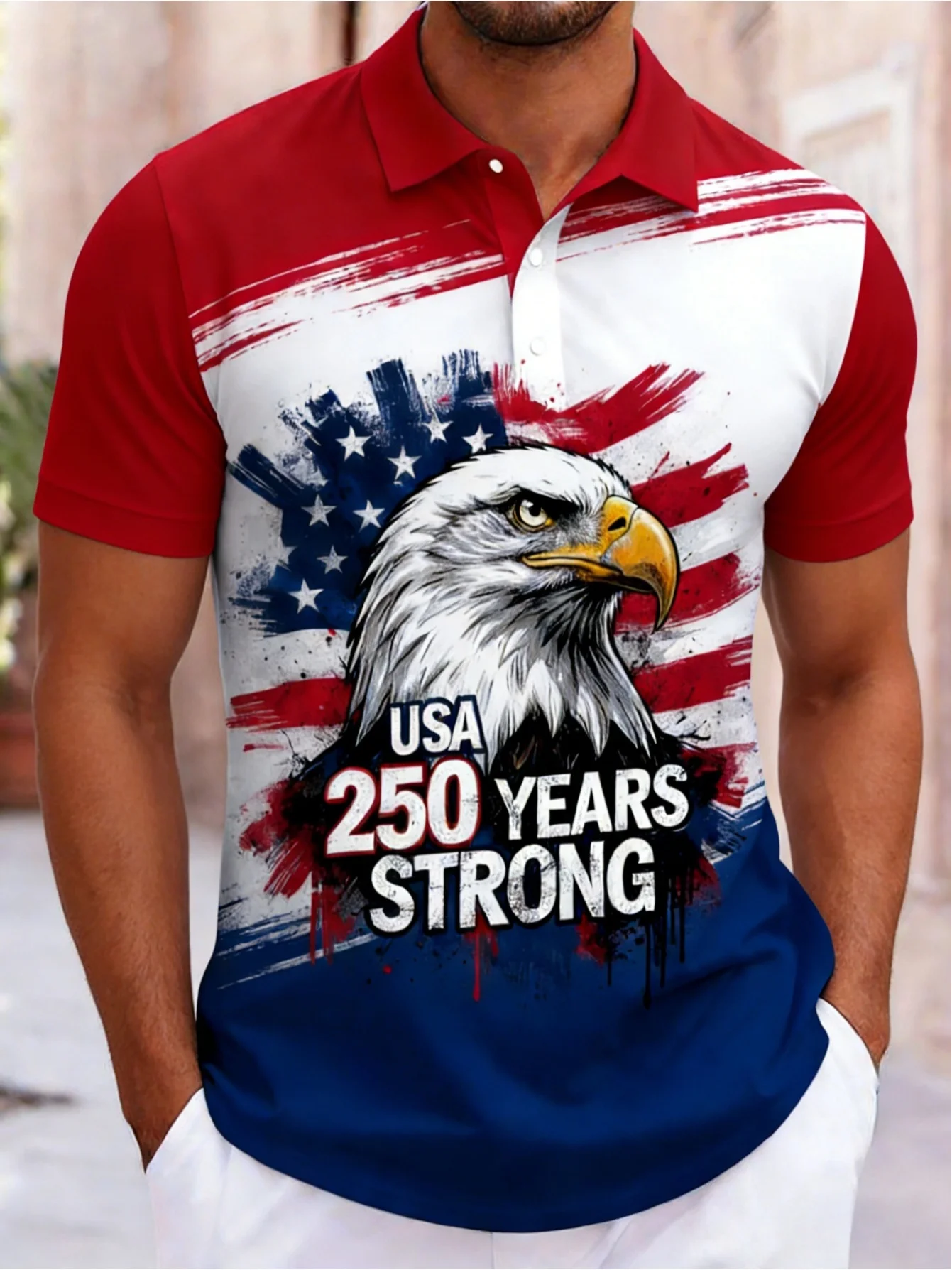 Men's USA 250 Years Strong Bald Eagle Polo Shirt 3D Print Patriotic USA Flag Short Sleeve Casual Breathable Athletic Top