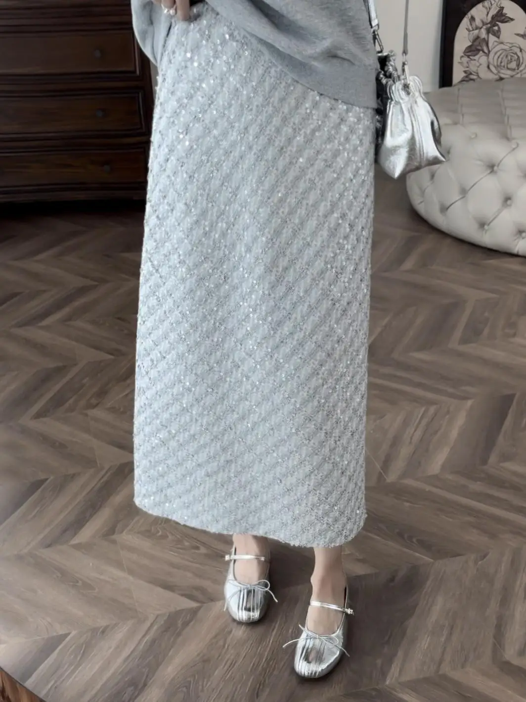 

Blue iny Sequin High Waist Straight Cut Split f Skirt Ele Ladylike Commute Sle Polyester Blend Daily Wear