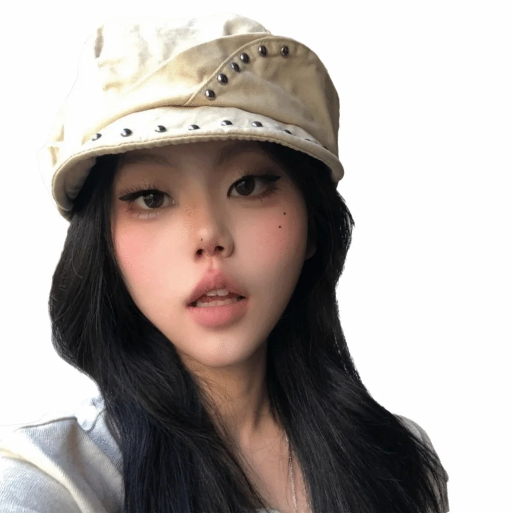 New Gothic Studded Beret Cap Black Solid Color Rivet Trim Beret Hip Hop Adjustable Flat Top Cap Outdoor