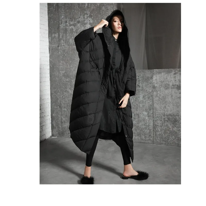 Doudoune d'hiver à capuche en duvet de canard blanc en forme de chauve-souris pour femme, coupe ample, grande silhouette, grande taille, allongée et épaisse