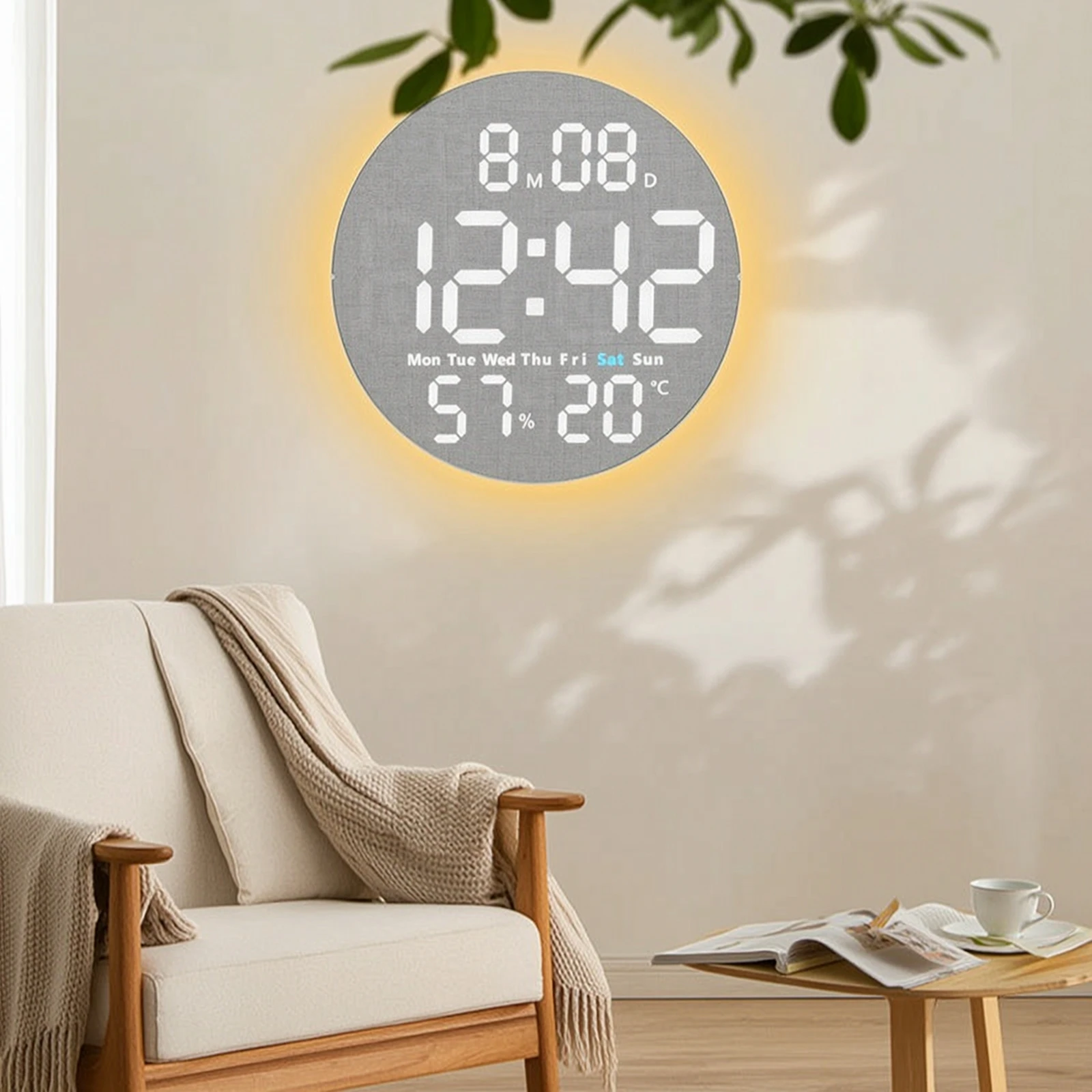 Digital Wall Clock with Temperature Multifunctional Digital Wall Clock Woodgrain Luminous for Living Room, Bedroom