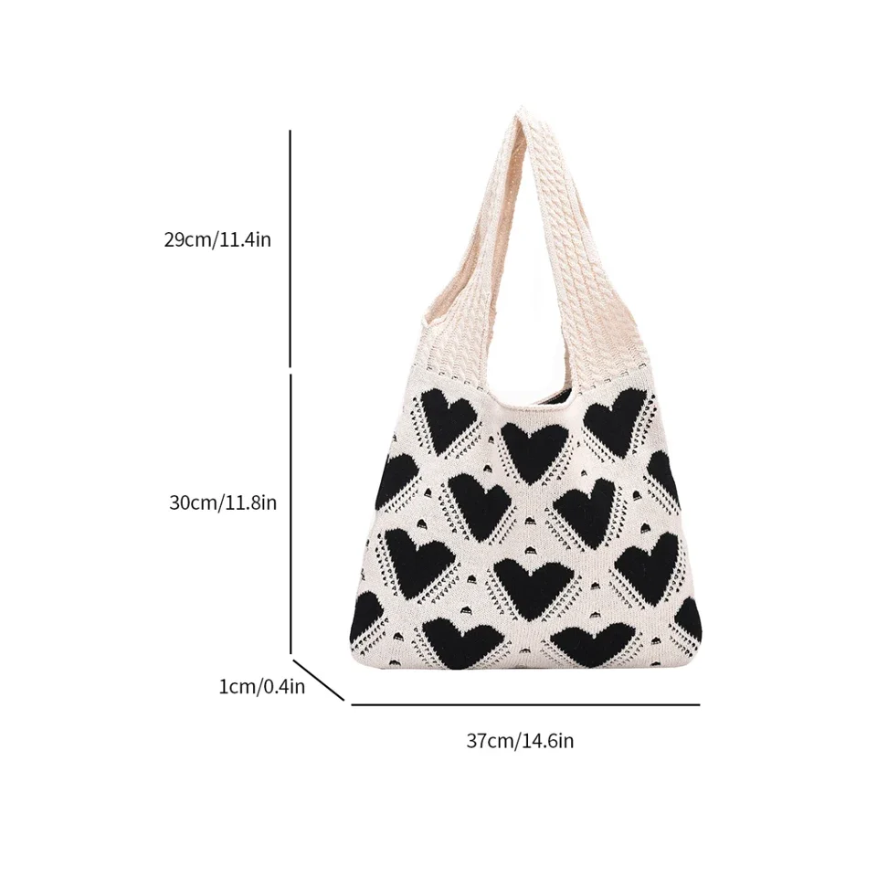 Heart Knited Women's Bag Y2K Crochet Rope Shoulder Bag Sweet Knitt Eco Bag Korean Shopping Female Knitting Handbag Hook Tote Sac