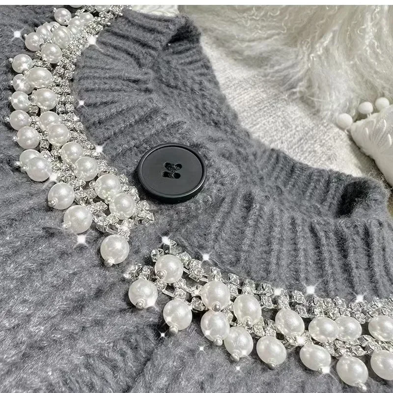 Francese elegante socialite girocollo diamante perla manica lunga monopetto maglione lavorato a maglia cardigan corto top donna autunno