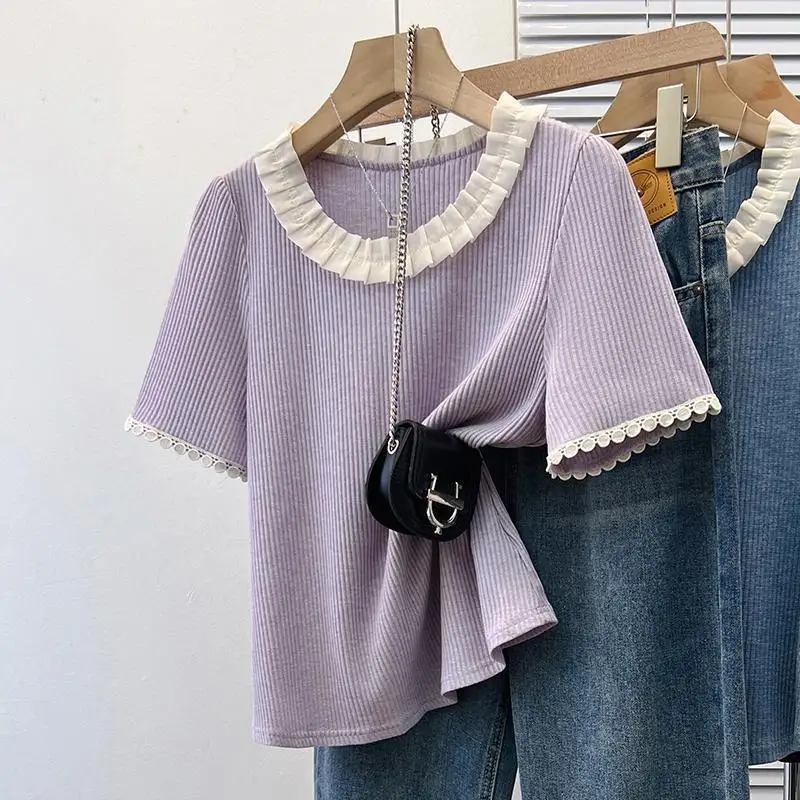 Plus Size T-shirt Women Ruffled Summer Short-sleeved T-shirt Loose New Top Vintage Clothes Kawaii O-neck Tees T Shirts Black