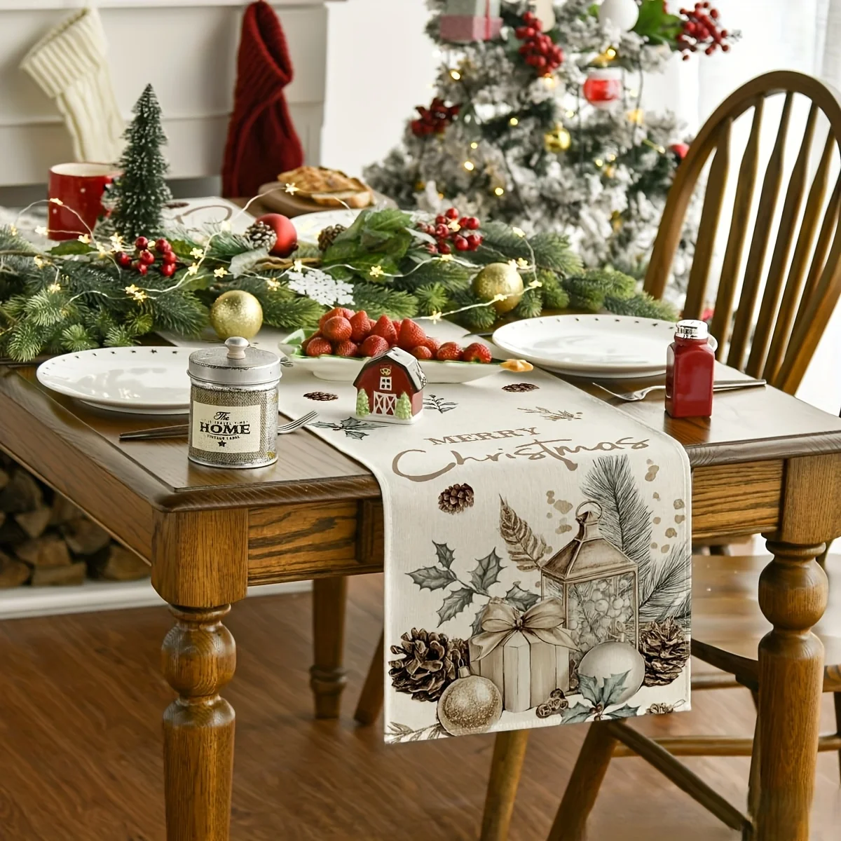 Рождественская льняная дорожка для стола — элегантный дизайн коричневой сосновой шишки и фонаря, прочный прямоугольный праздничный декор для домашней вечеринки