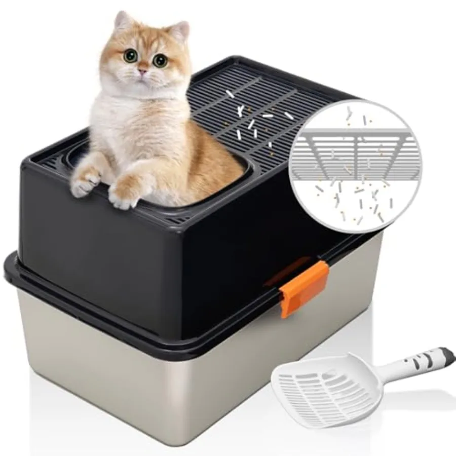 

Stainless Steel Cat Litter Box Top Entry XL Large with Lid 8'' High Side Metal Cat Litter Box for Big Cats Top Cover with Slot