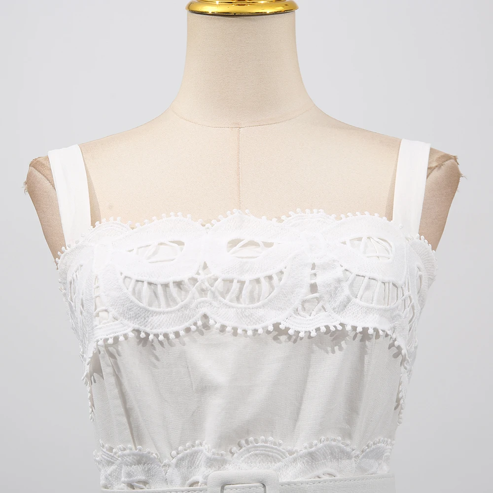 TWOTWINSTYLE Solide Aushöhlen Elegante Kleider für Frauen Square Neck Ärmellose Patchwork Spitze Kleid Weibliche Mode Kleidung Neue